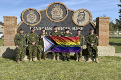 Members of Canadian Forces Base Suffield taking part in an Inclusive Pride Flag raising ceremony on International Day Against Homophobia, Transphobia and Biphobia on May 17, 2022. https://www.canada.ca/en/department-national-defence/corporate/news/regional-news/western-sentinel/2023/01/change-is-uncomfortable.html